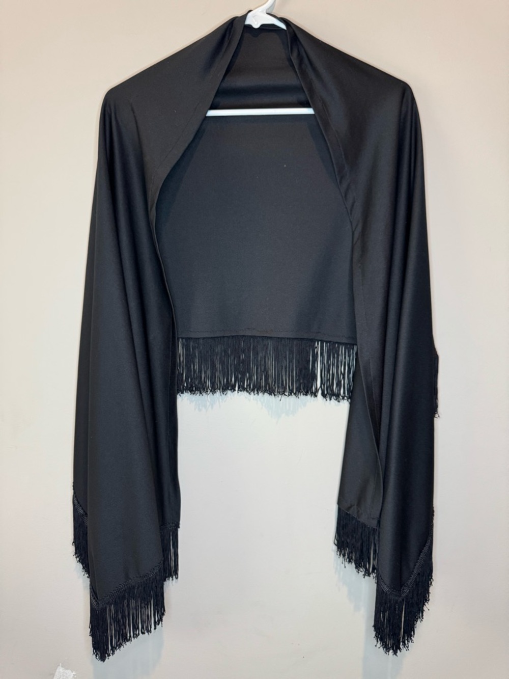 Vintage Black Fringe Shawl Wrap Satin Rayon Evening Formal Capelet Mid Century